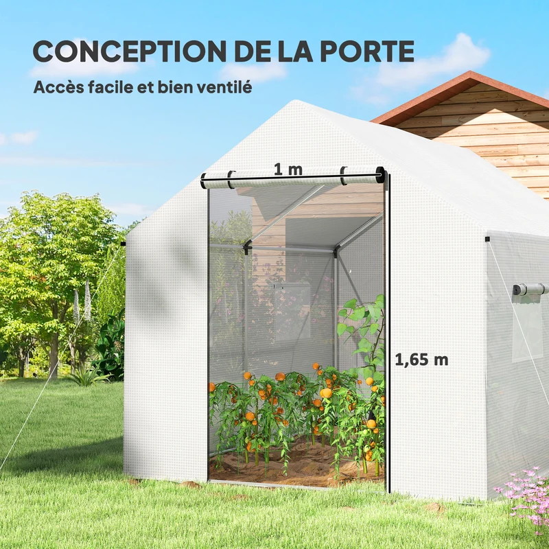 Serre de jardin tunnel 200 x 300 x 200 cm anti uv porte enroulable 4 fenêtres style contemporain en polyéthylène blanc 21_0005443