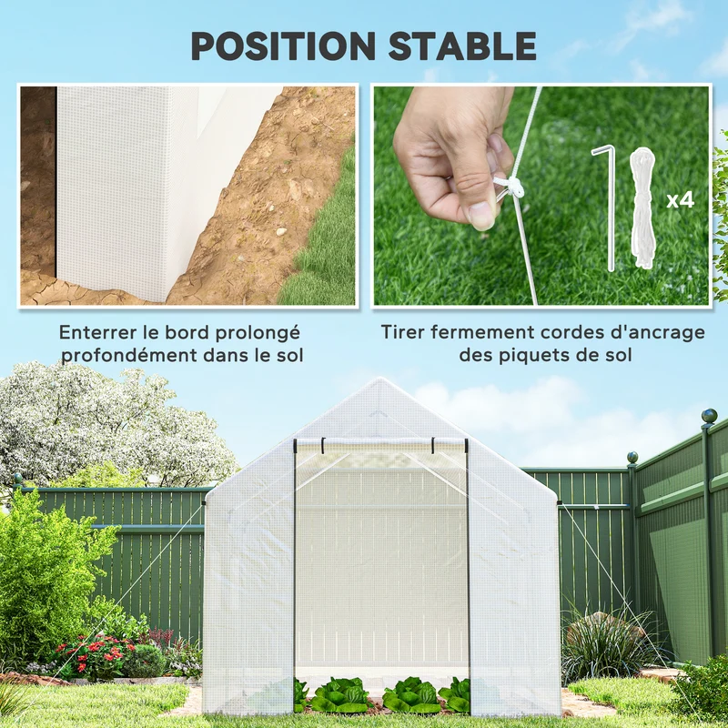 Serre de jardin tunnel 200 x 300 x 200 cm anti uv porte enroulable 4 fenêtres style contemporain en polyéthylène blanc 21_0005443