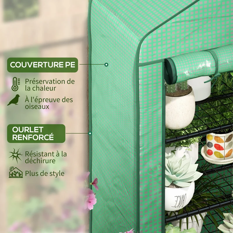 Serre de jardin 4 niveaux 90 x 49 x 160 cm protection intempéries fermeture zippée utile moderne en acier galvanisé vert 21_0004344