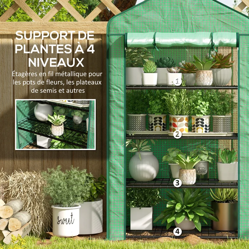 Serre de jardin 4 niveaux 90 x 49 x 160 cm protection intempéries fermeture zippée utile moderne en acier galvanisé vert 21_0004344