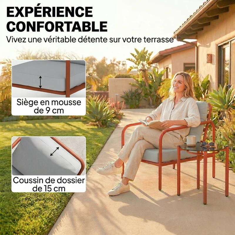 Salon de jardin extérieur 63 x 77 x 76 cm coussins épais housses amovibles moderne cosy pour patio en acier rouge vineux 21_0005372