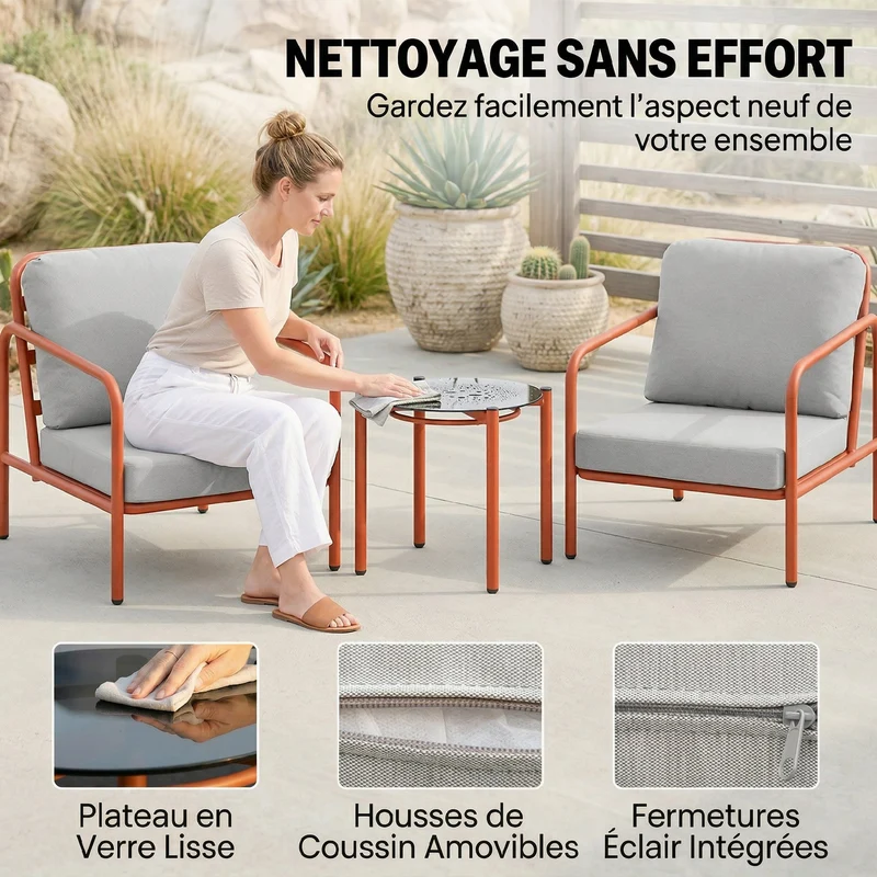 Salon de jardin extérieur 63 x 77 x 76 cm coussins épais housses amovibles moderne cosy pour patio en acier rouge vineux 21_0005372