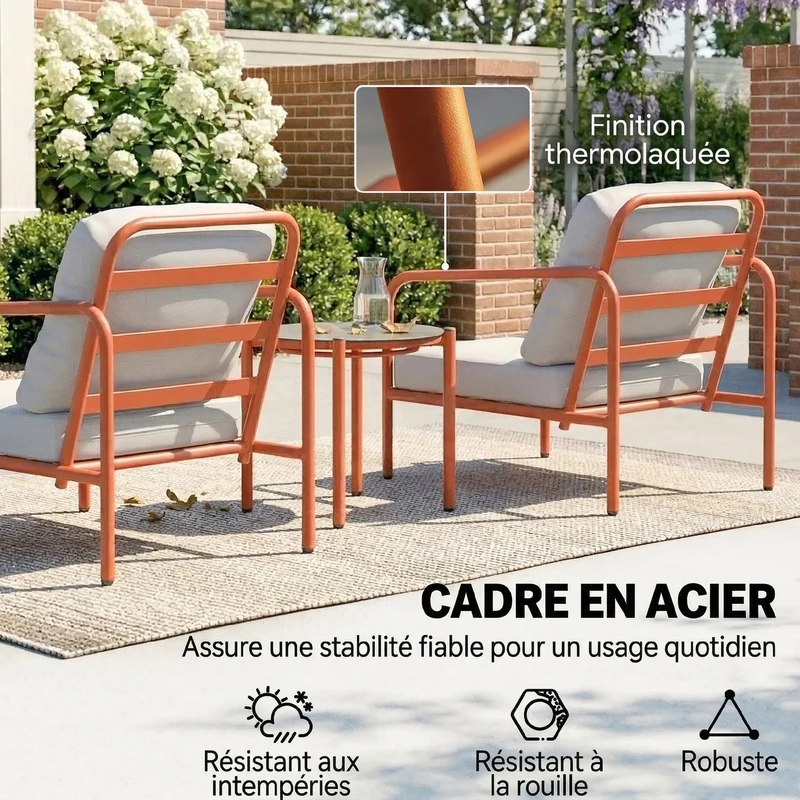 Salon de jardin extérieur 63 x 77 x 76 cm coussins épais housses amovibles moderne cosy pour patio en acier rouge vineux 21_0005372