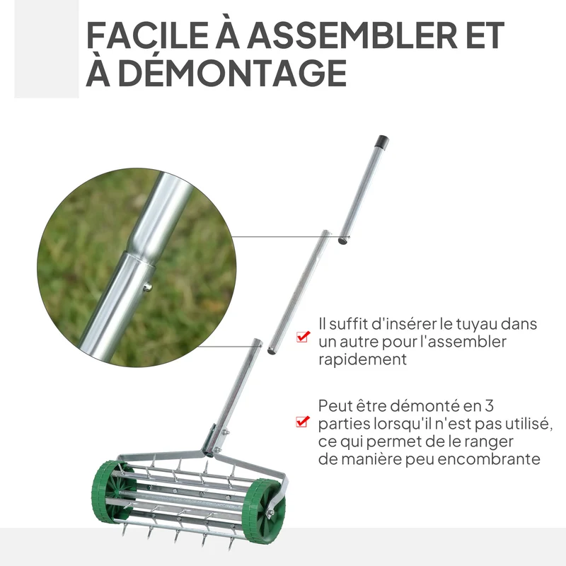 Rouleau aérateur pour pelouse 98 x 45 x 87 cm manche télescopique ramassage amovible industriel en acier galvanisé vert 21_0004025