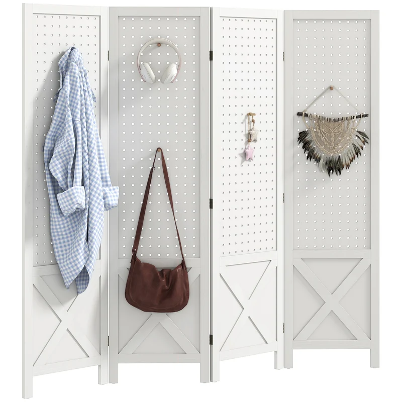 Paravent 4 panneaux pliable 152 x 1,7 x 144,5 cm intimité panneau perforé scandinave épuré en bois de paulownia blanc 21_0001299