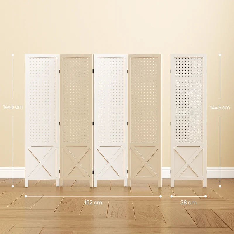 Paravent 4 panneaux pliable 152 x 1,7 x 144,5 cm intimité panneau perforé scandinave épuré en bois de paulownia blanc 21_0001299