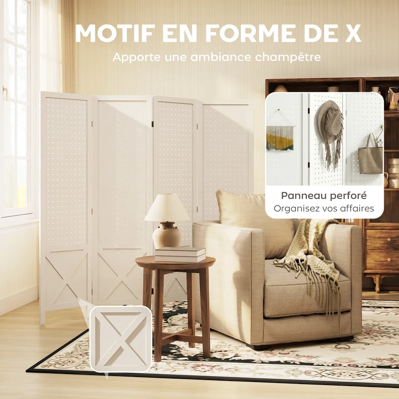 Paravent 4 panneaux pliable 152 x 1,7 x 144,5 cm intimité panneau perforé scandinave épuré en bois de paulownia blanc 21_0001299