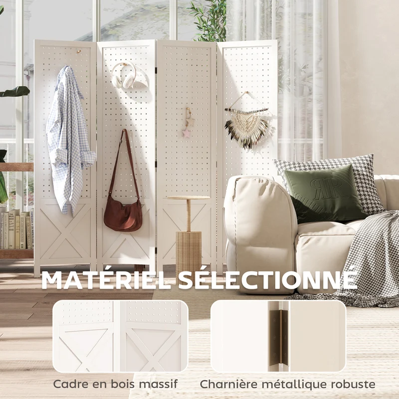 Paravent 4 panneaux pliable 152 x 1,7 x 144,5 cm intimité panneau perforé scandinave épuré en bois de paulownia blanc 21_0001299