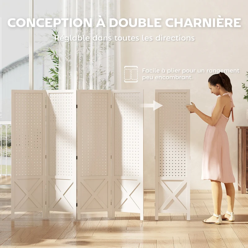 Paravent 4 panneaux pliable 152 x 1,7 x 144,5 cm intimité panneau perforé scandinave épuré en bois de paulownia blanc 21_0001299