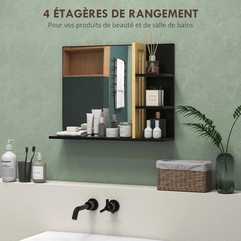 Miroir mural salle de bain 45 x 15 x 58,5 cm 3 étagères de rangement gain de place design scandinave en bambou noir 21_0002014