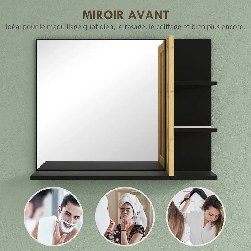 Miroir mural salle de bain 45 x 15 x 58,5 cm 3 étagères de rangement gain de place design scandinave en bambou noir 21_0002014