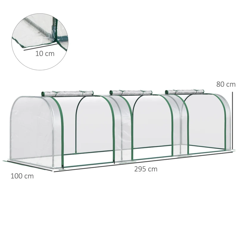Mini serre de jardin tunnel 295 x 100 x 80 cm anti-UV 3 portes zippées extérieur montage facile moderne en PVC vert 21_0004111