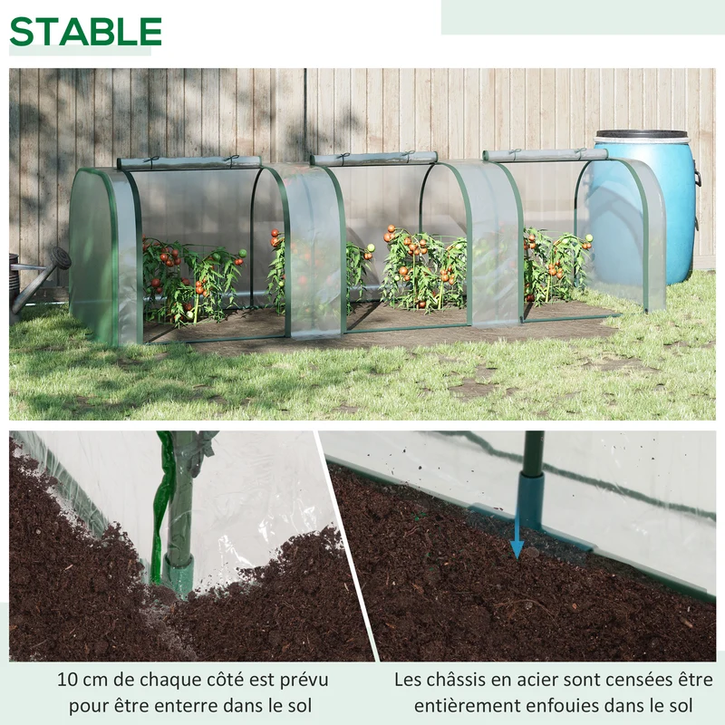 Mini serre de jardin tunnel 295 x 100 x 80 cm anti-UV 3 portes zippées extérieur montage facile moderne en PVC vert 21_0004111