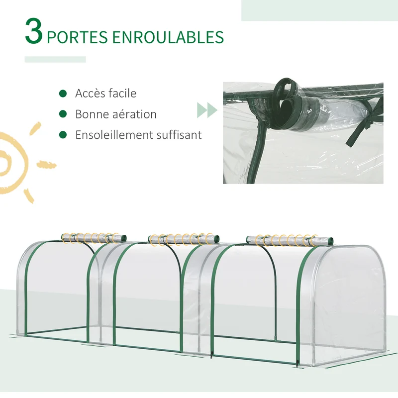 Mini serre de jardin tunnel 295 x 100 x 80 cm anti-UV 3 portes zippées extérieur montage facile moderne en PVC vert 21_0004111