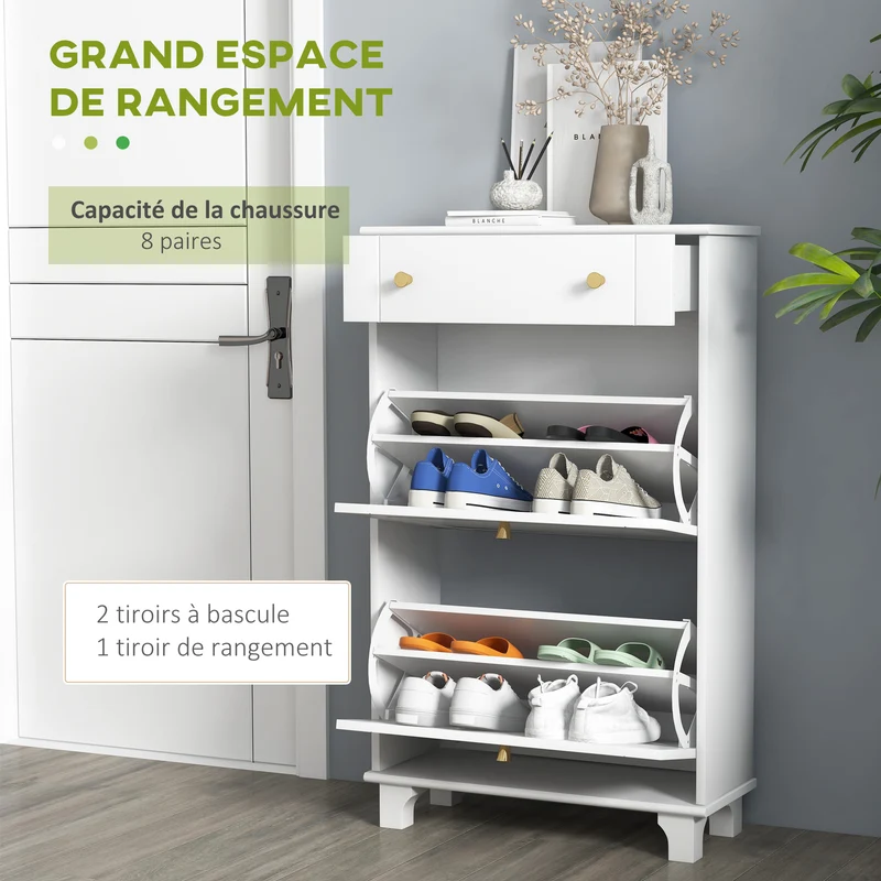 Meuble à chaussures entrée étroit 60 x 23.5 x 98.5 cm rangement 8 paires étagères réglables moderne épuré en MDF blanc 21_0002674