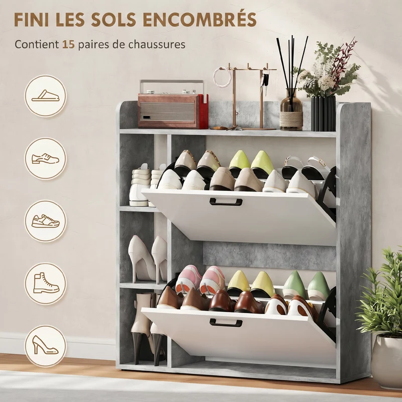 Meuble à chaussures entrée 83 x 24 x 90.5 cm 15 paires rangement modulable moderne épuré en panneau de particules blanc 21_0002789