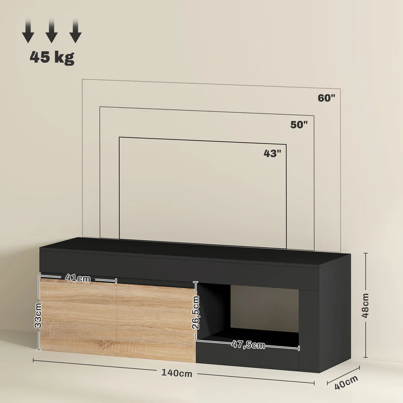 Meuble tv pour salon 140 x 40 x 48 cm rangement fermé étagère ouverte design contemporain en panneau de particules noir 21_0003452