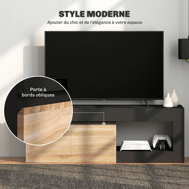 Meuble tv pour salon 140 x 40 x 48 cm rangement fermé étagère ouverte design contemporain en panneau de particules noir 21_0003452