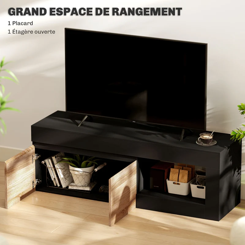 Meuble tv pour salon 140 x 40 x 48 cm rangement fermé étagère ouverte design contemporain en panneau de particules noir 21_0003452
