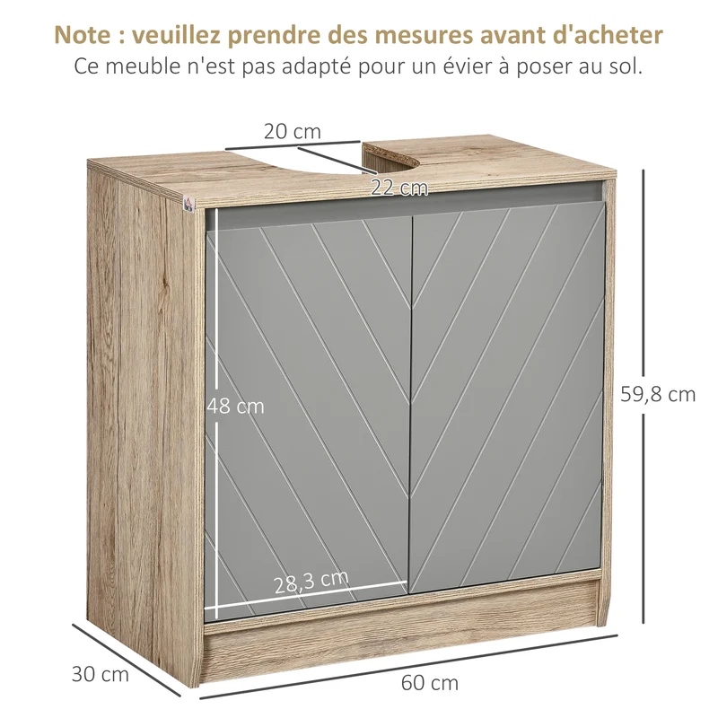 Meuble sous lavabo compact salle de bain 60 x 30 x 59.8 cm rangement étagère réglable tendance scandinave en MDF gris 21_0001866