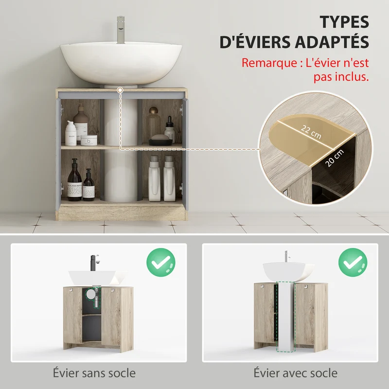 Meuble sous lavabo compact salle de bain 60 x 30 x 59.8 cm rangement étagère réglable tendance scandinave en MDF gris 21_0001866
