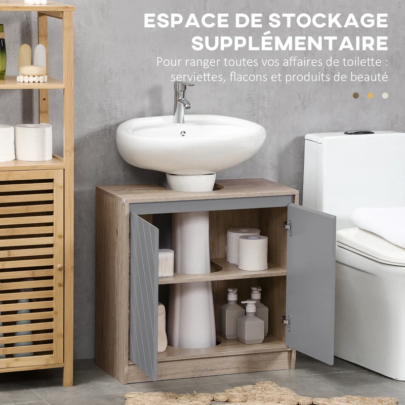 Meuble sous lavabo compact salle de bain 60 x 30 x 59.8 cm rangement étagère réglable tendance scandinave en MDF gris 21_0001866