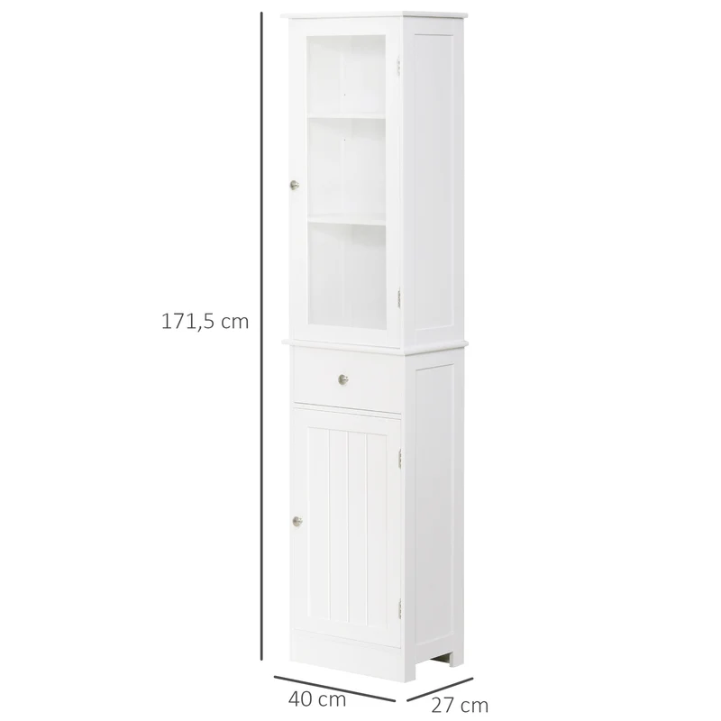 Meuble colonne de salle de bain 40 x 27 x 171.5 cm gain de place multi rangements pratiques moderne épuré en MDF blanc 21_0001882
