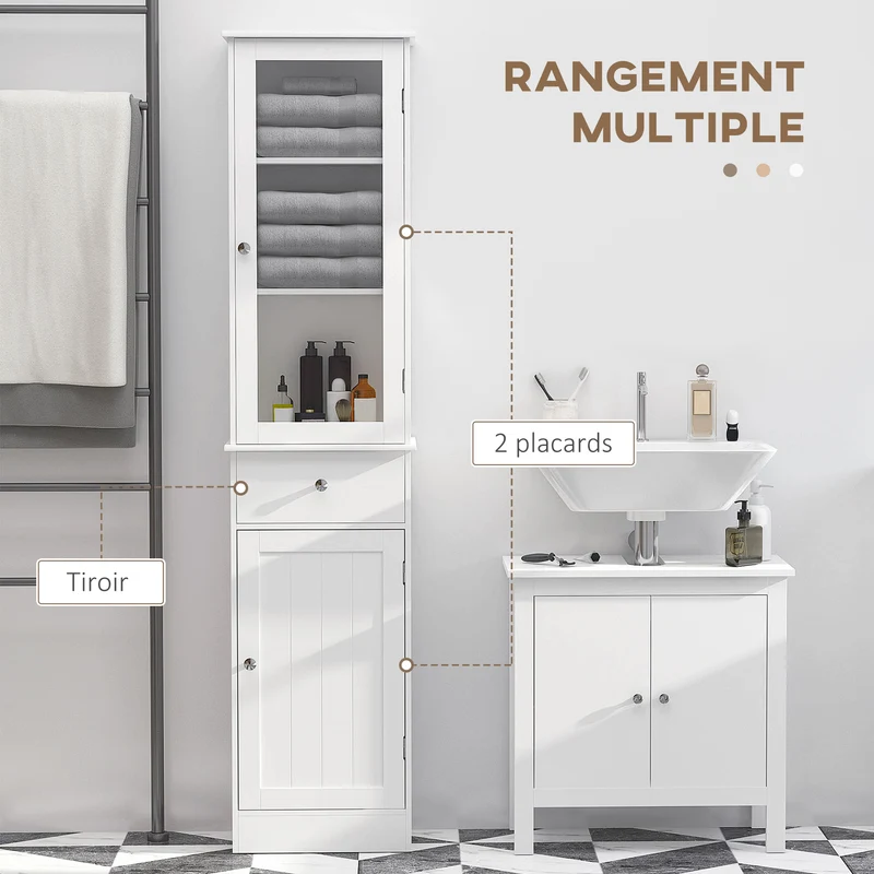 Meuble colonne de salle de bain 40 x 27 x 171.5 cm gain de place multi rangements pratiques moderne épuré en MDF blanc 21_0001882