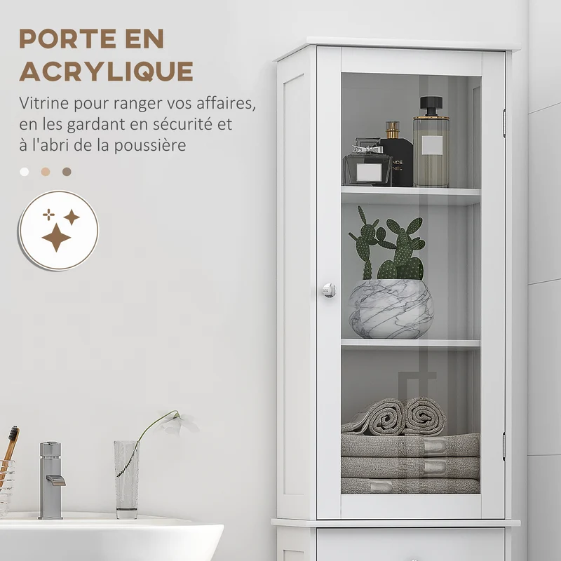 Meuble colonne de salle de bain 40 x 27 x 171.5 cm gain de place multi rangements pratiques moderne épuré en MDF blanc 21_0001882