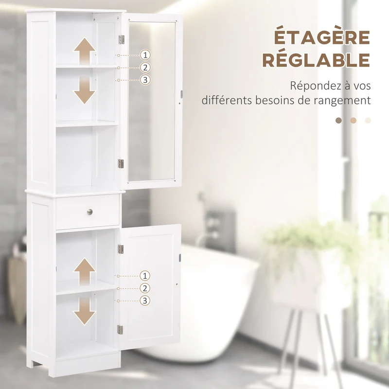 Meuble colonne de salle de bain 40 x 27 x 171.5 cm gain de place multi rangements pratiques moderne épuré en MDF blanc 21_0001882