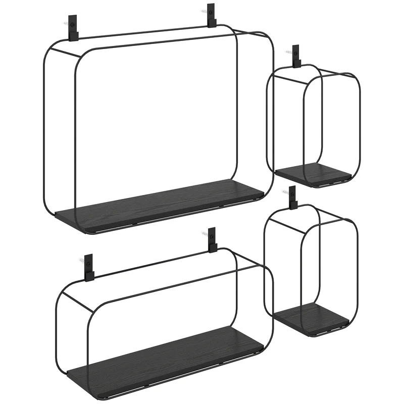 Lot de 4 étagères murales géométriques 43 x 12 x 32 cm rangement modulable gain de place style industriel en MDF noir 21_0003721