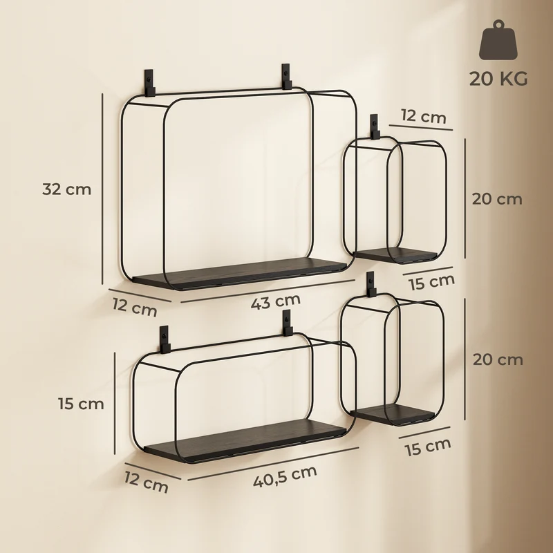 Lot de 4 étagères murales géométriques 43 x 12 x 32 cm rangement modulable gain de place style industriel en MDF noir 21_0003721
