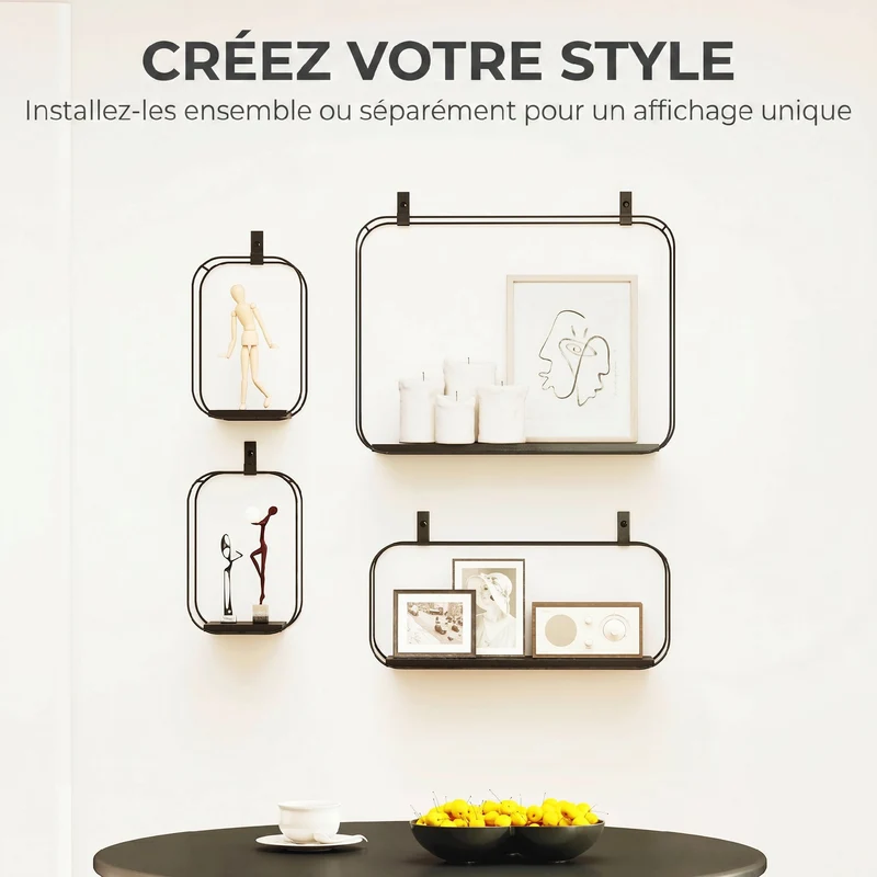 Lot de 4 étagères murales géométriques 43 x 12 x 32 cm rangement modulable gain de place style industriel en MDF noir 21_0003721