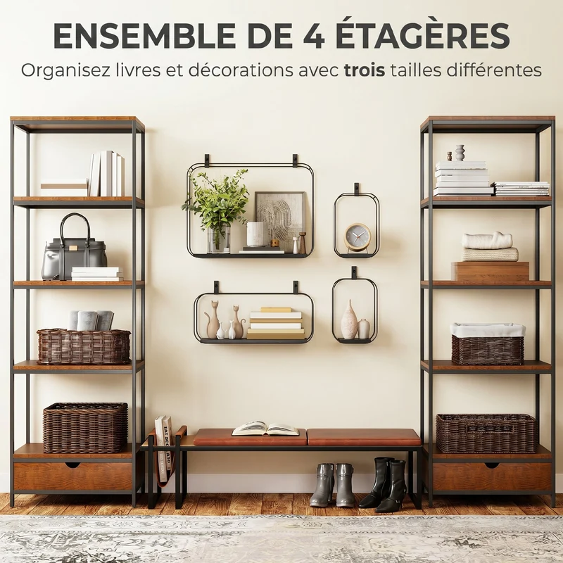 Lot de 4 étagères murales géométriques 43 x 12 x 32 cm rangement modulable gain de place style industriel en MDF noir 21_0003721