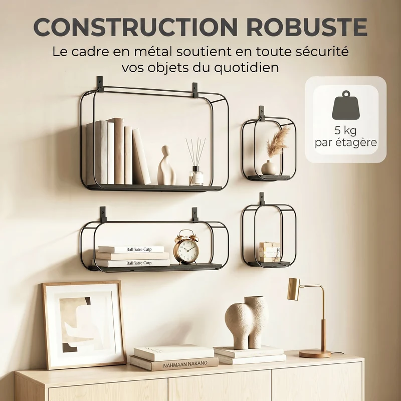 Lot de 4 étagères murales géométriques 43 x 12 x 32 cm rangement modulable gain de place style industriel en MDF noir 21_0003721