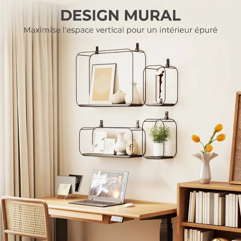 Lot de 4 étagères murales géométriques 43 x 12 x 32 cm rangement modulable gain de place style industriel en MDF noir 21_0003721