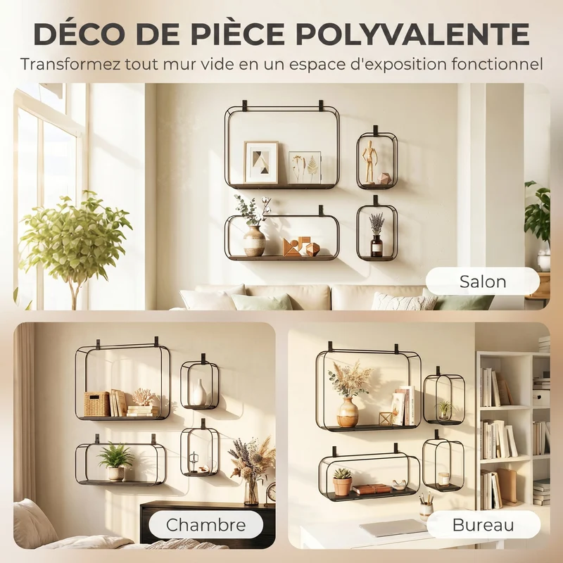 Lot de 4 étagères murales géométriques 43 x 12 x 32 cm rangement modulable gain de place style industriel en MDF noir 21_0003721