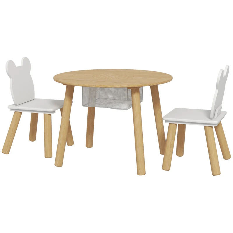 Lot de 3 ensemble table et chaises enfants 60 x 60 x 44 cm rangement dossier forme ours scandinave épuré en MDF blanc 21_0000211