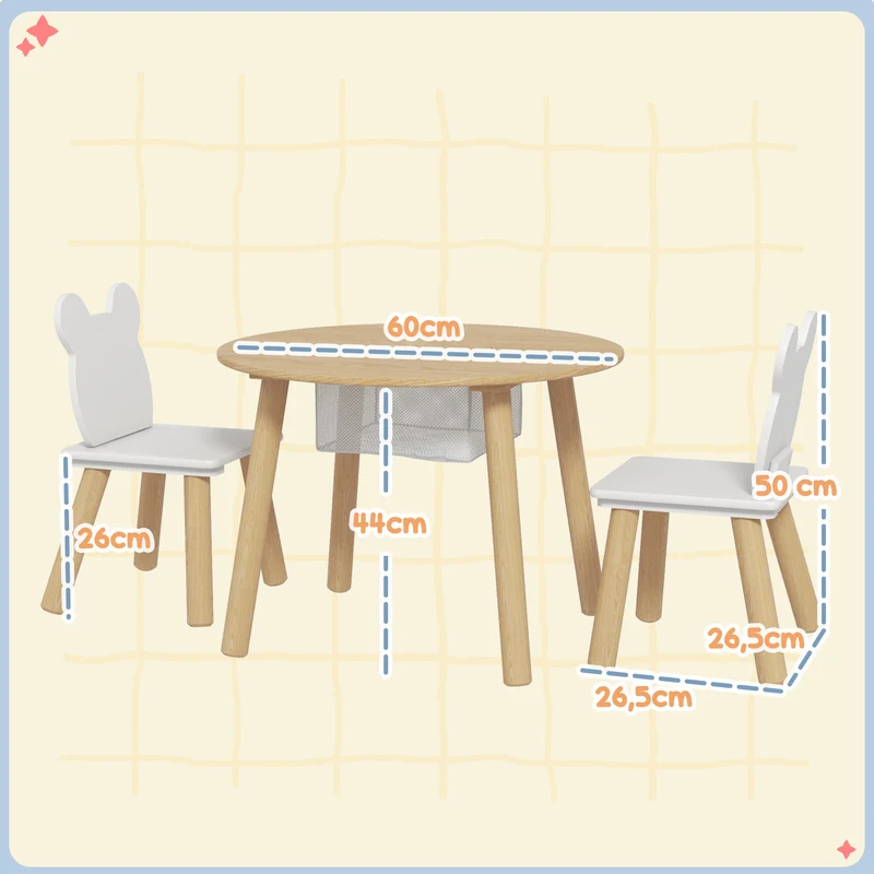 Lot de 3 ensemble table et chaises enfants 60 x 60 x 44 cm rangement dossier forme ours scandinave épuré en MDF blanc 21_0000211