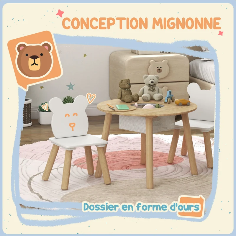 Lot de 3 ensemble table et chaises enfants 60 x 60 x 44 cm rangement dossier forme ours scandinave épuré en MDF blanc 21_0000211