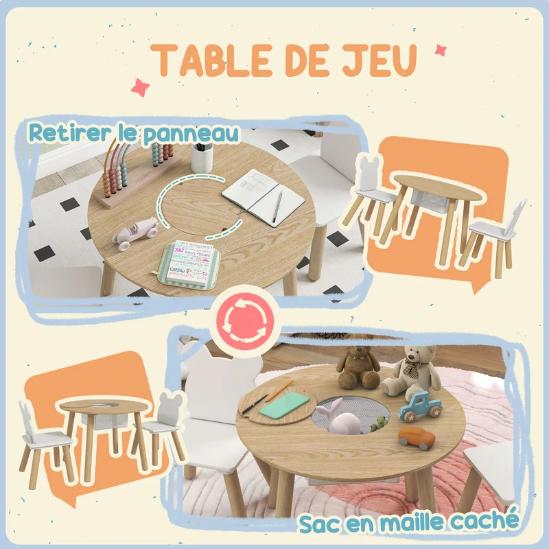 Lot de 3 ensemble table et chaises enfants 60 x 60 x 44 cm rangement dossier forme ours scandinave épuré en MDF blanc 21_0000211