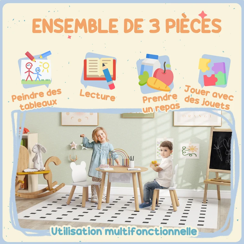 Lot de 3 ensemble table et chaises enfants 60 x 60 x 44 cm rangement dossier forme ours scandinave épuré en MDF blanc 21_0000211