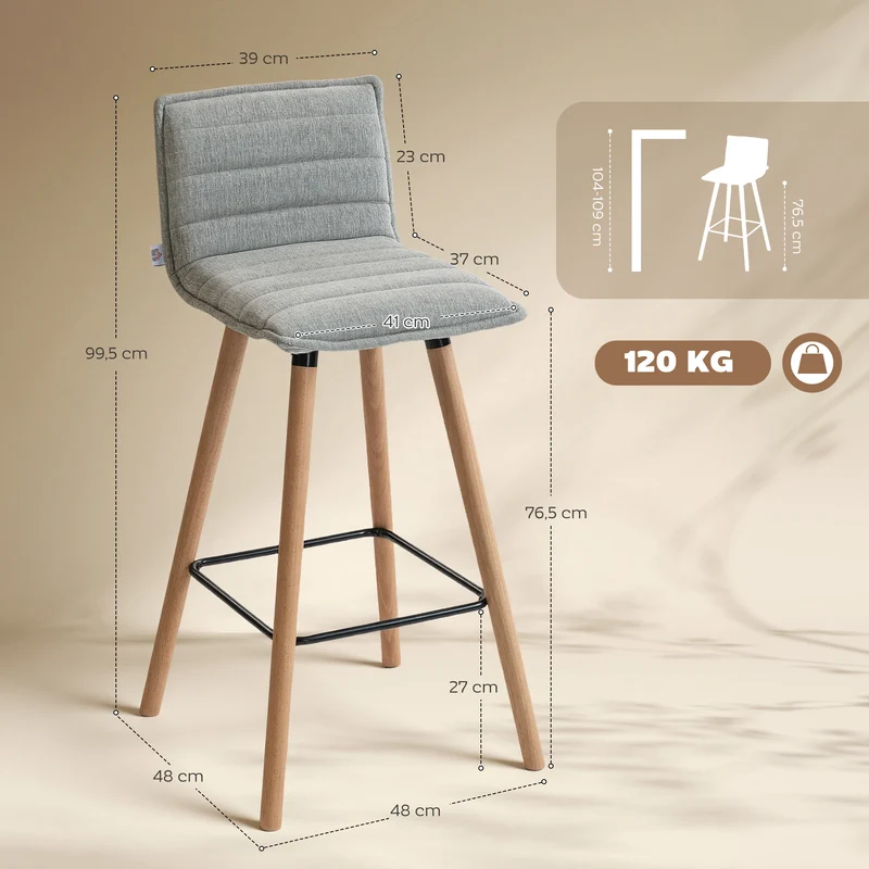 Lot de 2 tabourets de bar dossier courbé assise rembourrée 48 x 48 x 99,5 cm confort moderne en polyester gris clair 21_0003365