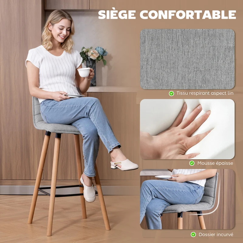 Lot de 2 tabourets de bar dossier courbé assise rembourrée 48 x 48 x 99,5 cm confort moderne en polyester gris clair 21_0003365