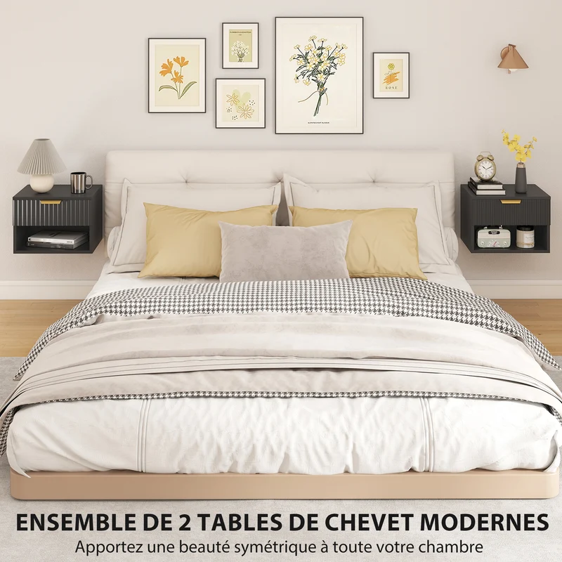 Lot de 2 tables de chevet suspendues 40 x 34 x 29 cm tiroir à fermeture douce design flottant moderne épuré en MDF noir 21_0003761