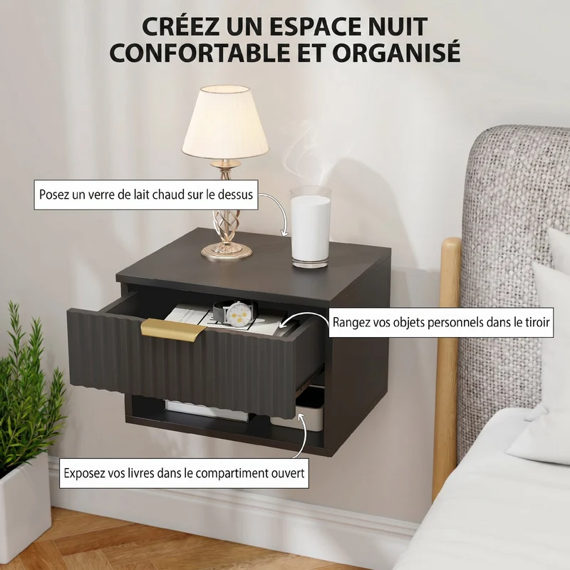Lot de 2 tables de chevet suspendues 40 x 34 x 29 cm tiroir à fermeture douce design flottant moderne épuré en MDF noir 21_0003761