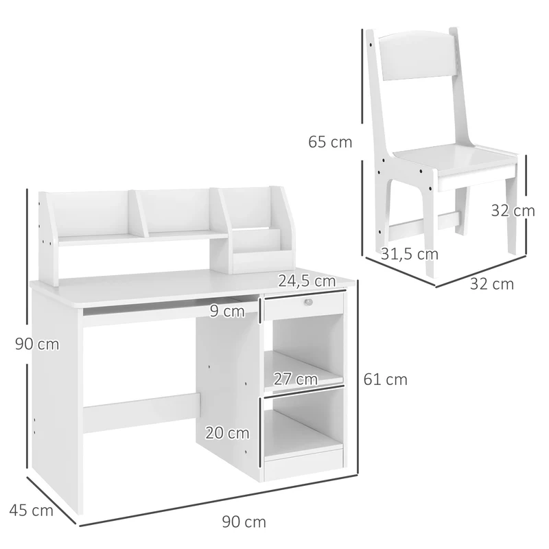 Lot de 2 bureau et chaise enfant 90 x 45 x 90 cm rangements pratiques tiroir coulissant minimaliste moderne en MDF blanc 21_0000205