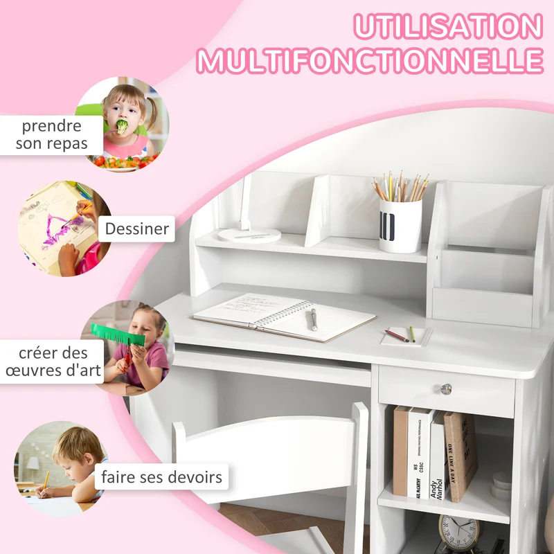 Lot de 2 bureau et chaise enfant 90 x 45 x 90 cm rangements pratiques tiroir coulissant minimaliste moderne en MDF blanc 21_0000205