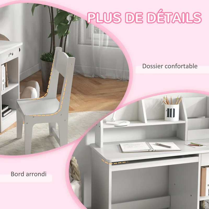 Lot de 2 bureau et chaise enfant 90 x 45 x 90 cm rangements pratiques tiroir coulissant minimaliste moderne en MDF blanc 21_0000205