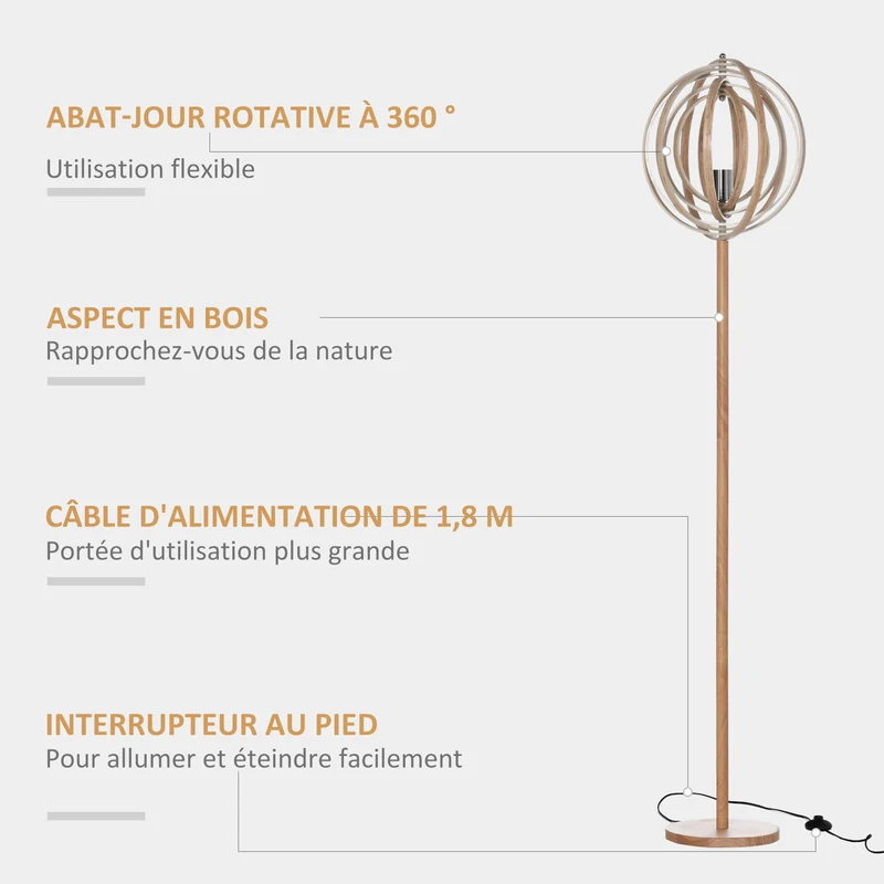 Lampadaire sur pied salon 38 x 38 x 160 cm orientation réglable éclairage modulable moderne contemporain en bois naturel 21_0007008